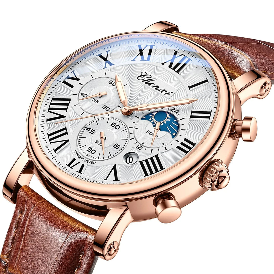 Rose gold chronometer wristwatch with brown leather strap and Roman numeral dial
