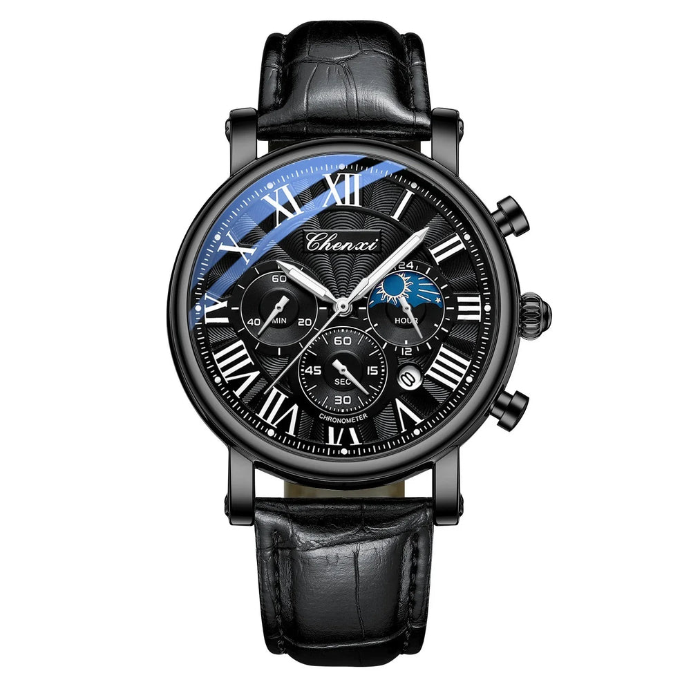 Chenxi black leather strap chronograph watch with Roman numerals and textured black dial