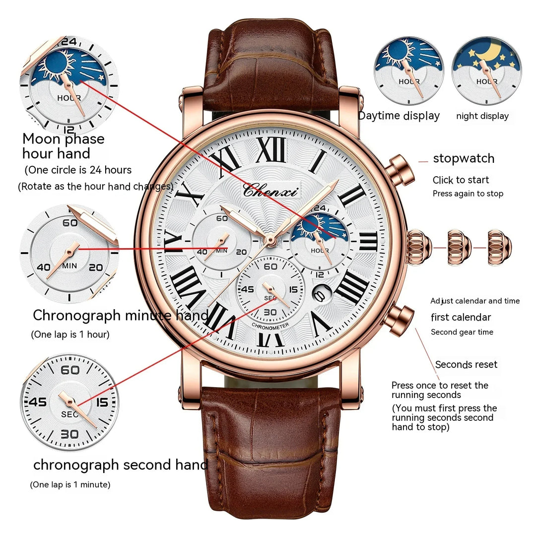 Chenxi men's chronograph wristwatch with moon phase, stopwatch functions, white dial, Roman numerals, brown leather strap