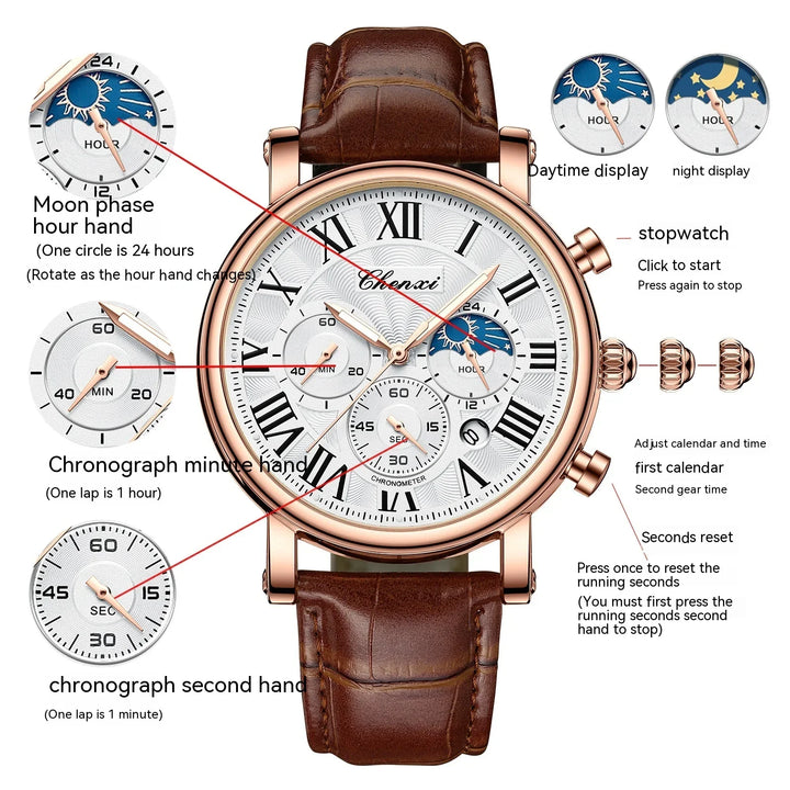Chenxi men's chronograph wristwatch with moon phase, stopwatch functions, white dial, Roman numerals, brown leather strap