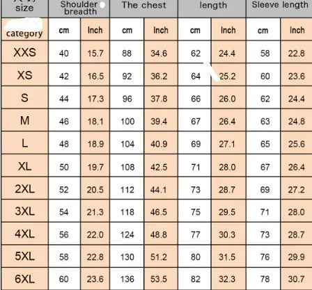 Clothing size chart displaying measurements for shoulder breadth, chest, length, and sleeve length in cm and inches from XXS to 6XL