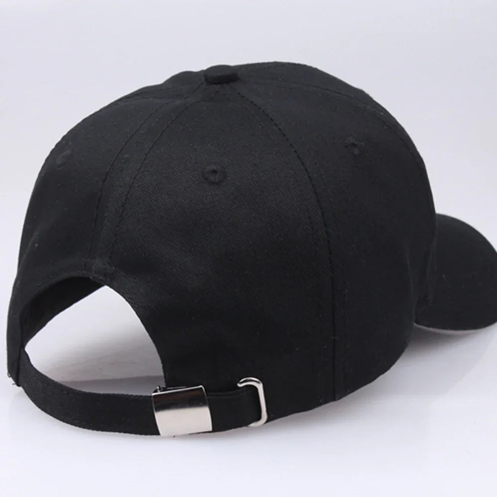 Black adjustable baseball cap with metal buckle, shown from the back on white background