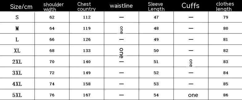 Size chart displaying shoulder width, chest, sleeve length, cuffs, and clothes length in centimeters for sizes S to 5XL