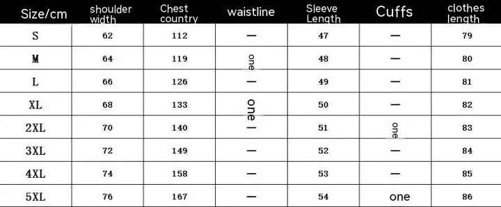 Size chart displaying shoulder width, chest, sleeve length, cuffs, and clothes length in centimeters for sizes S to 5XL
