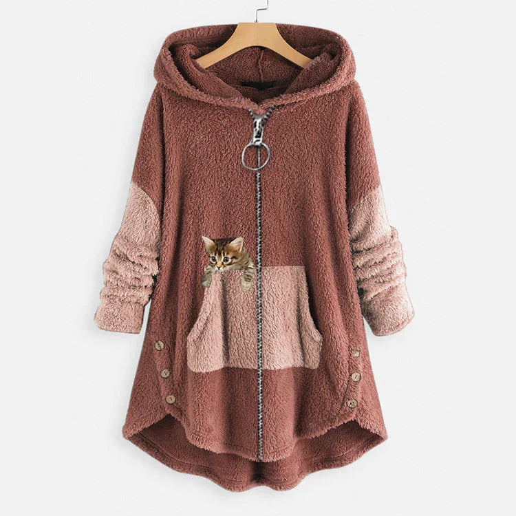 Fuzzy brown and pink zip-up hoodie with front pocket holding a small kitten, wooden buttons on sides