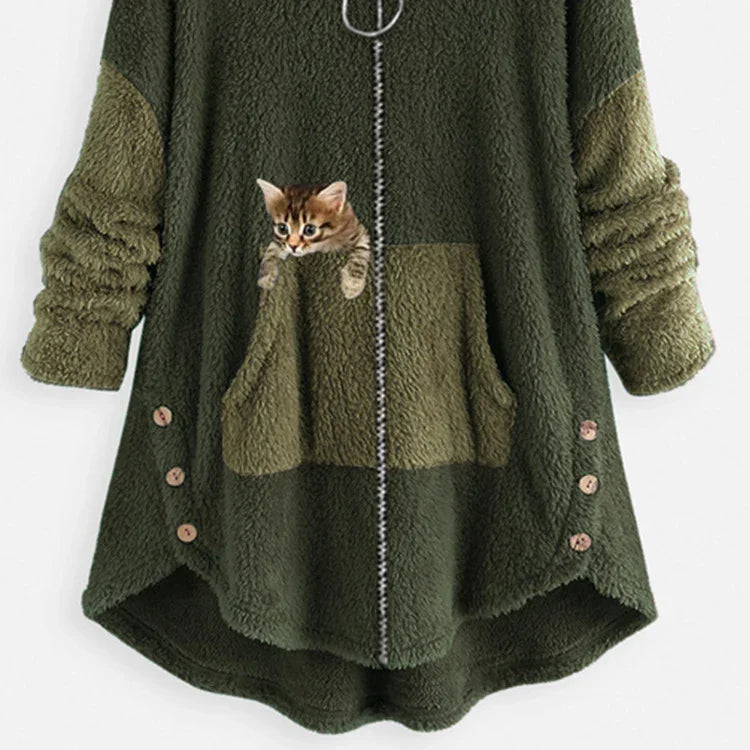 Cozy green fleece jacket with large front pockets, zipper, and a kitten peeking out of one pocket