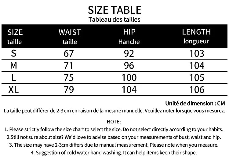 Clothing size table in cm showing waist, hip, and length for sizes S, M, L, and XL with measurement notes