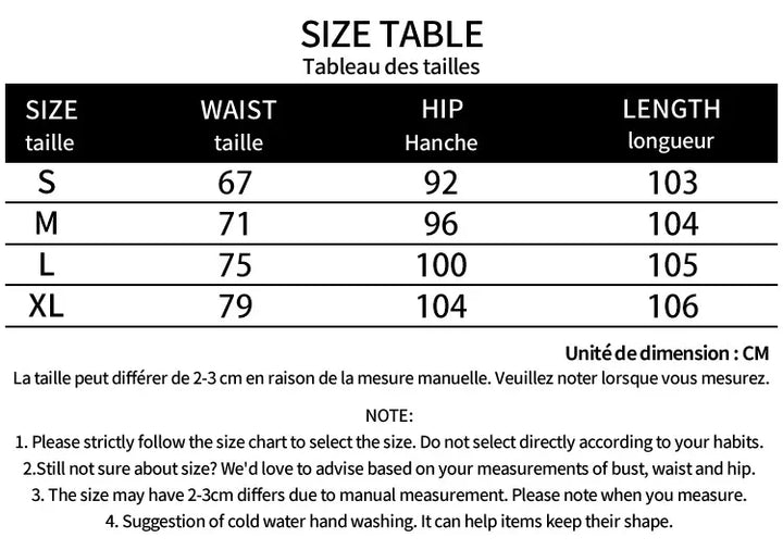 Clothing size table in cm showing waist, hip, and length for sizes S, M, L, and XL with measurement notes