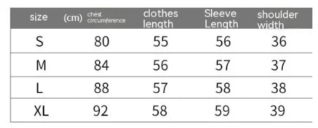 Clothing size chart in centimeters showing chest, clothes length, sleeve length, and shoulder width for sizes S to XL