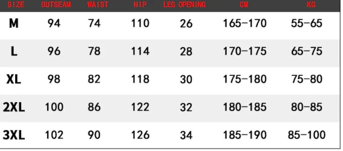 Men's pants size chart showing measurements for M to 3XL including waist, hip, outseam, leg opening, height cm, and weight kg