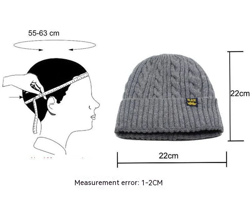 Gray knitted winter beanie with cable pattern, measuring 22cm width and height, head circumference 55-63cm