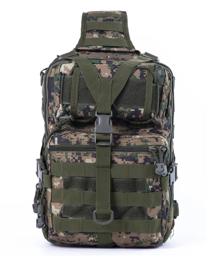 Tactical military backpack in digital camo with multiple compartments and adjustable straps