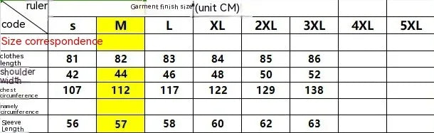 Clothing size chart in centimeters highlighting measurements for size M including clothes length, shoulder width, chest and sleeve length