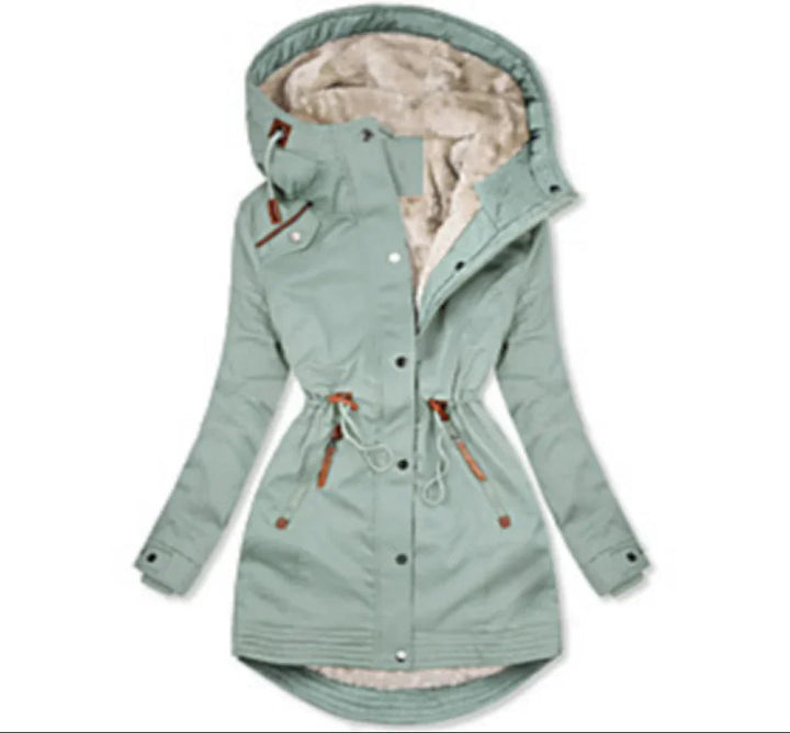 Light green women's winter parka with faux fur lining, hood, and adjustable waist drawstrings