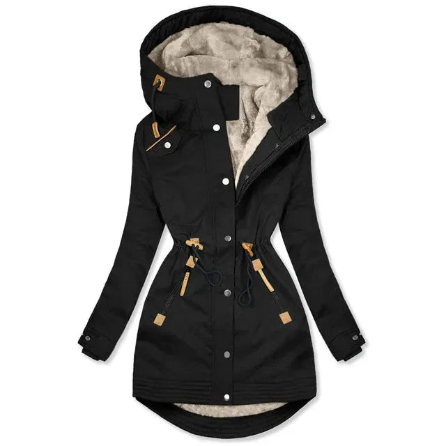 Black women's winter parka jacket with faux fur lining, hood, and cinched waist with drawstrings