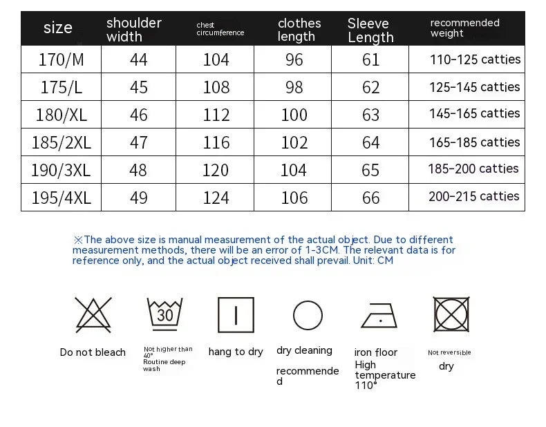 Clothing size chart with shoulder width, chest circumference, length, sleeve length, and washing care instructions
