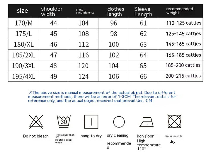 Clothing size chart with shoulder width, chest circumference, length, sleeve length, and washing care instructions