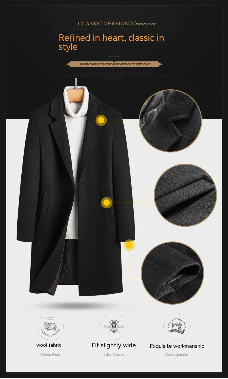 Black classic woolen coat with white turtleneck sweater on hanger, highlighting fabric and craftsmanship