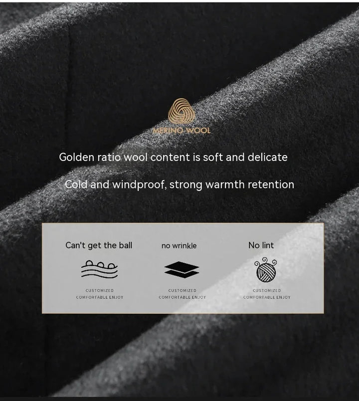 Close-up of soft black merino wool fabric with text highlighting golden ratio wool content, cold and windproof, no wrinkles, no lint