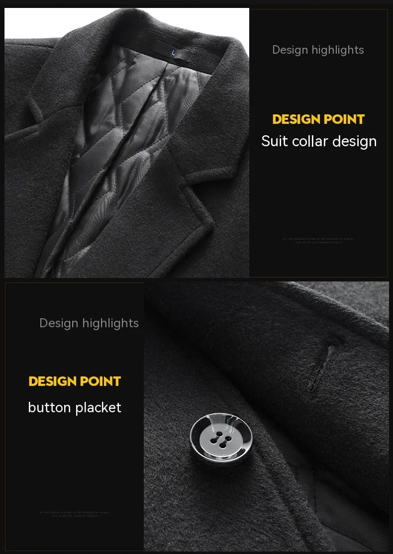 Close-up of black wool coat showcasing suit collar design and button placket details