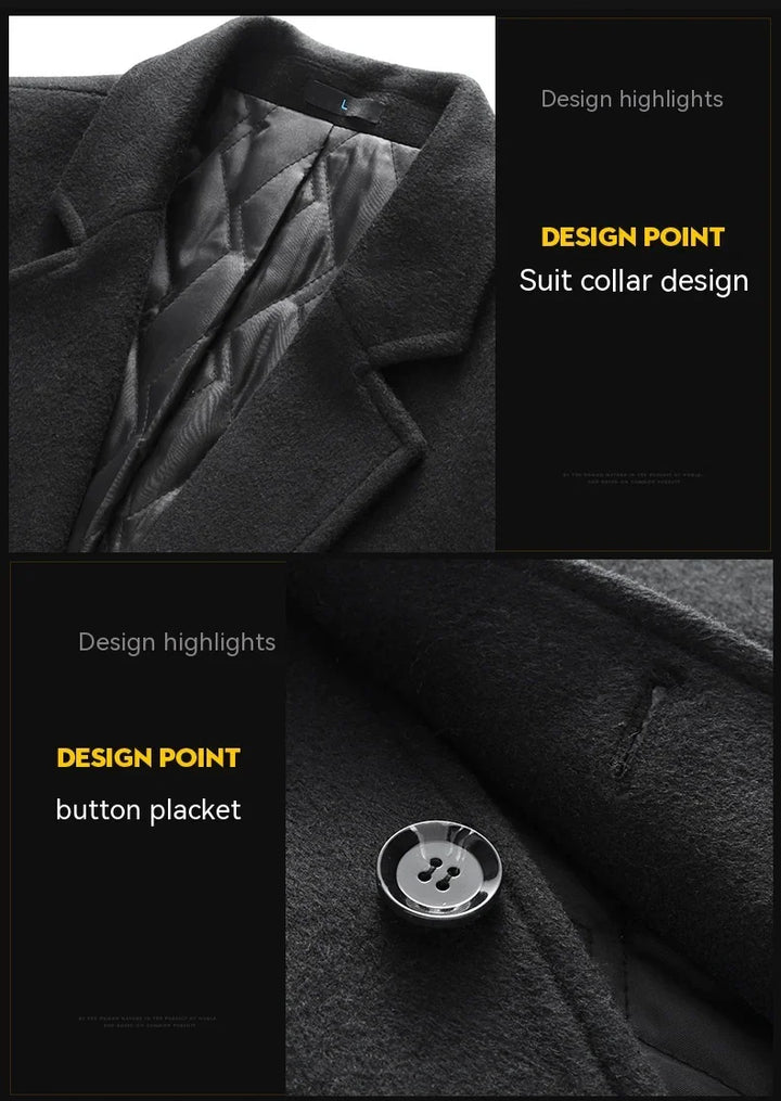 Close-up of black wool coat showcasing suit collar design and button placket details