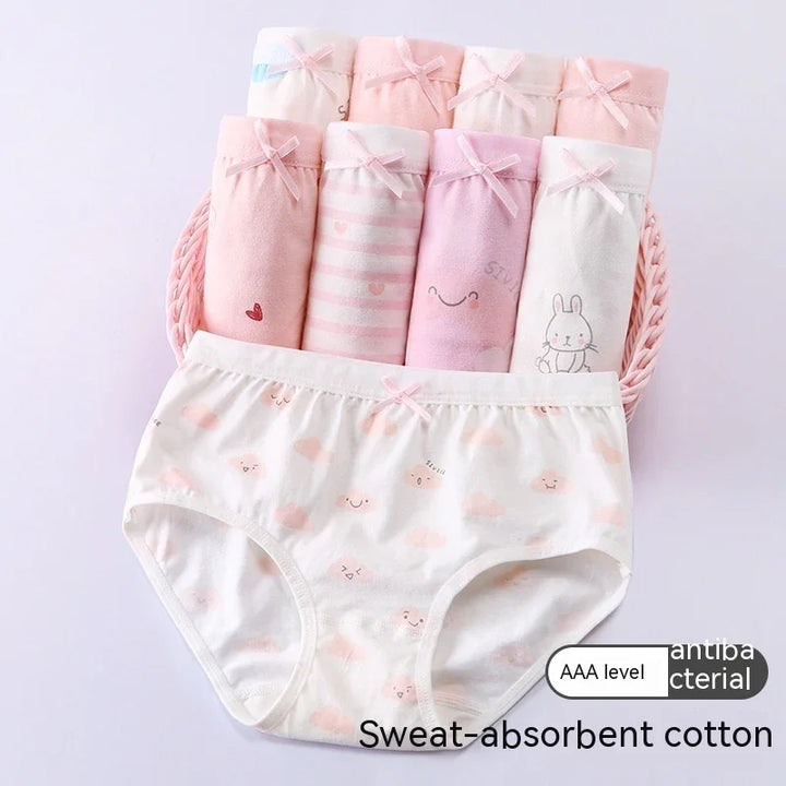 Set of pink and white cotton girls' underwear with cute prints and small bows, sweat-absorbent fabric