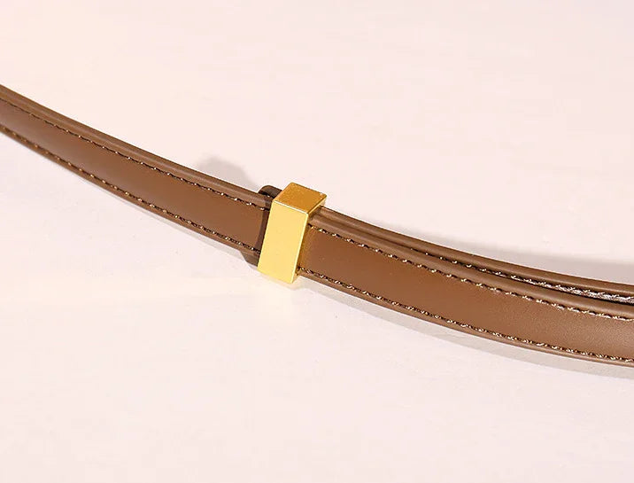 Close-up of a brown leather belt with a gold rectangular buckle on a light background