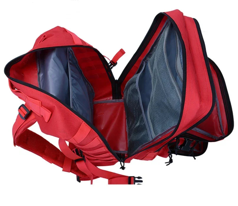 Open red backpack showing spacious interior with multiple mesh and fabric compartments and adjustable padded straps