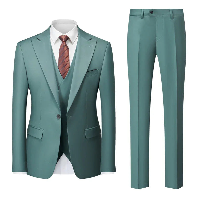 Teal men's three-piece suit with jacket, vest, trousers, white shirt, and brown striped tie