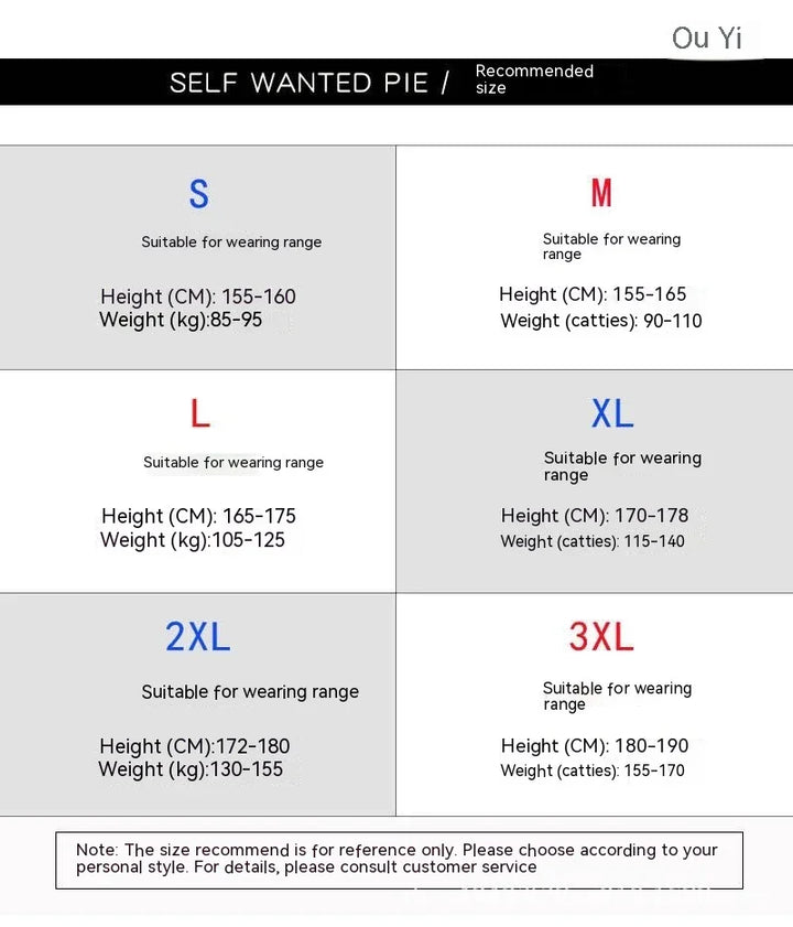 Clothing size chart with height and weight ranges for sizes S to 3XL in cm, kg, and catties