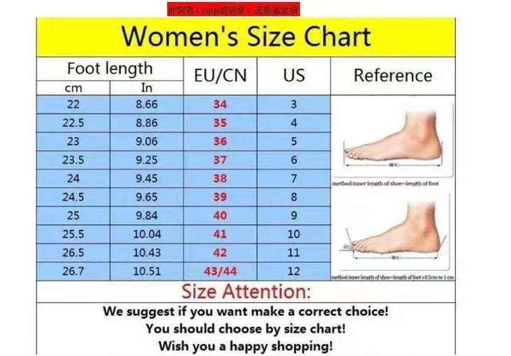 Women's shoe size chart showing foot length in cm and inches with corresponding EU/CN and US sizes and foot measurement reference images