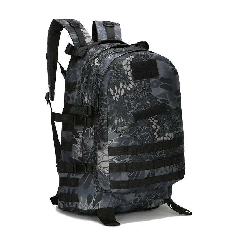 black and gray tactical backpack with camouflage hex pattern and multiple straps