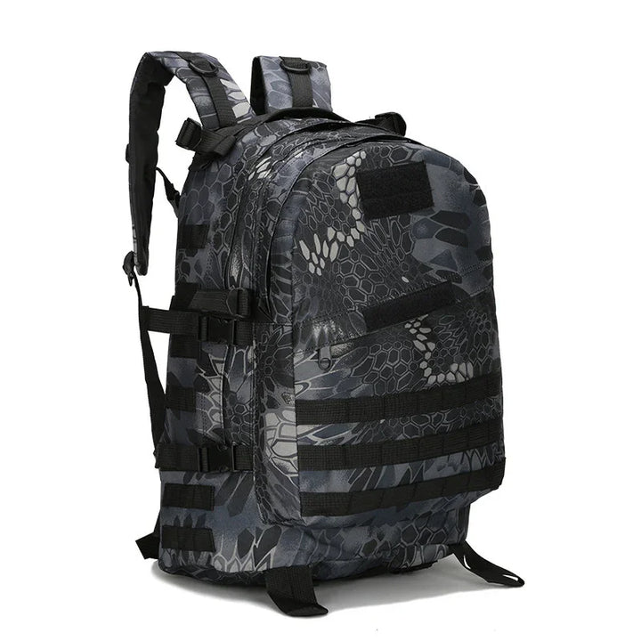 black and gray tactical backpack with camouflage hex pattern and multiple straps