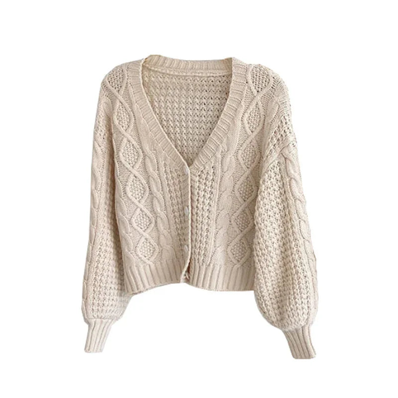 Beige cable knit cardigan with V-neck and balloon sleeves on white background