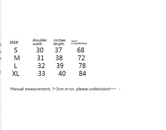Clothing size chart showing shoulder width, clothes length, and chest circumference for sizes S, M, L, XL with manual measurement note