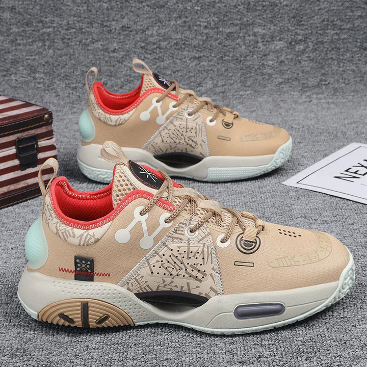 Beige athletic sneakers with red interior, abstract patterns, and chunky white soles on gray carpet