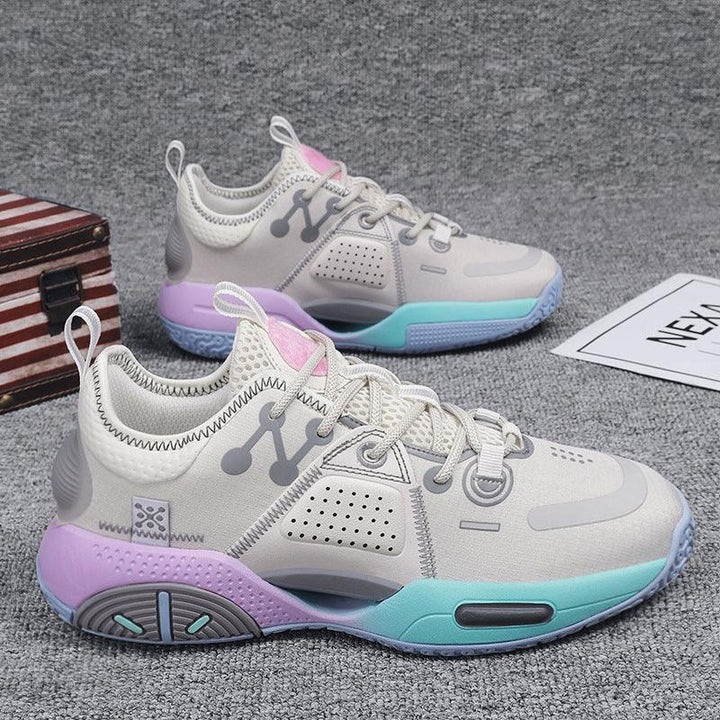 Trendy beige sneakers with pastel purple and blue sole accents on gray carpet background