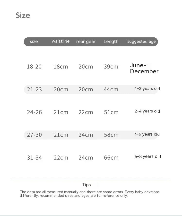 Children's clothing size chart with waistline, rear gear, length, and suggested age from June to 8 years old
