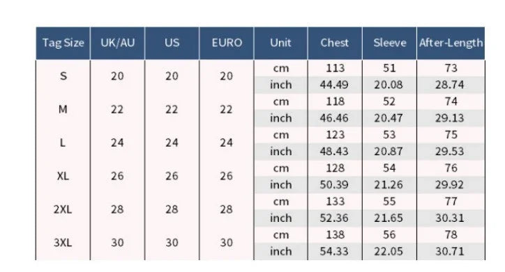 Clothing size chart showing UK, US, Euro sizes with chest, sleeve, after-length measurements in cm and inches for sizes S to 3XL