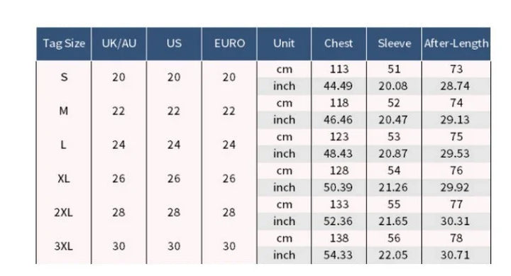 Clothing size chart showing UK, US, Euro sizes with chest, sleeve, after-length measurements in cm and inches for sizes S to 3XL