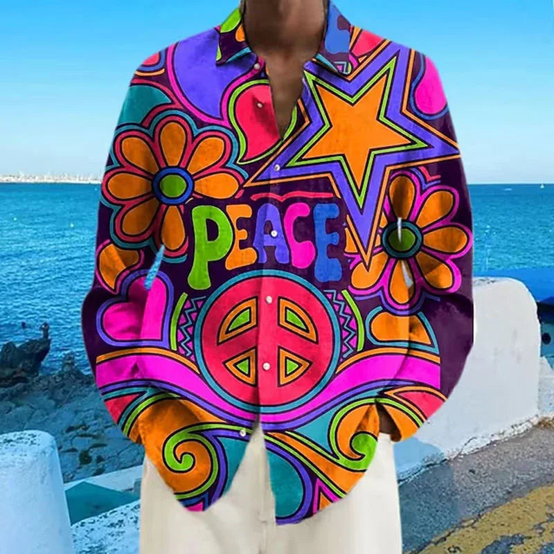 Colorful psychedelic shirt with peace symbol, flowers, stars, and peace text by the ocean