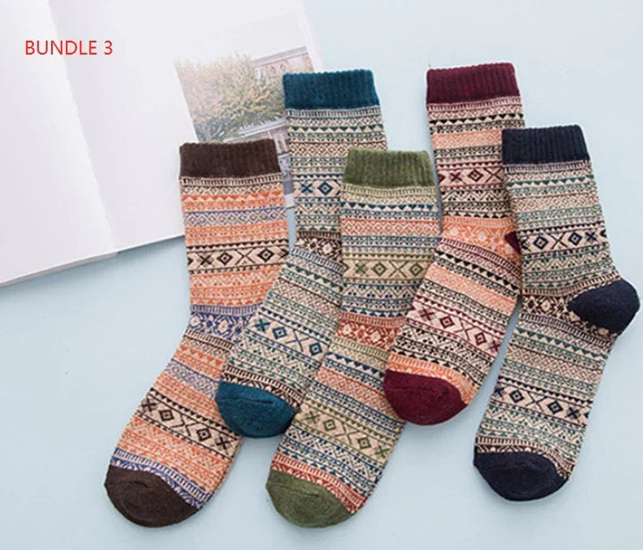 Five pairs of colorful patterned wool socks with geometric designs, labeled as Bundle 3