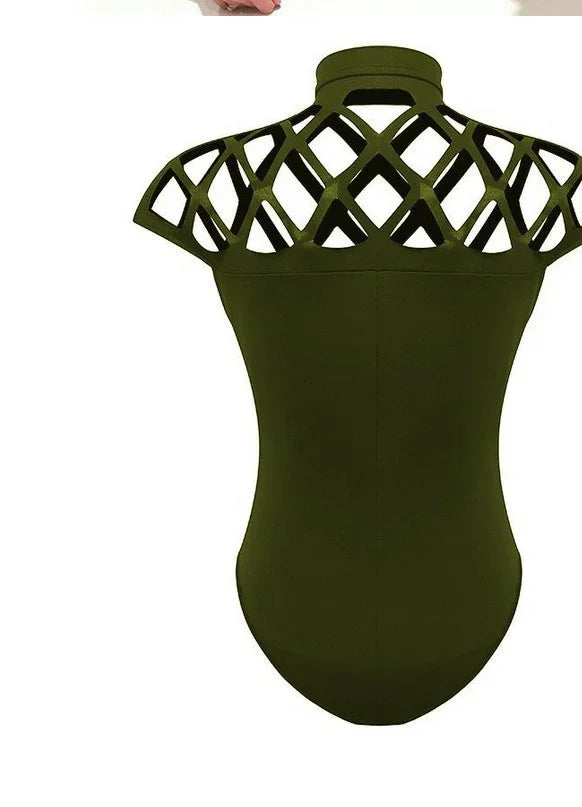 Olive green bodysuit with high neckline and lattice cutout design on shoulders and upper back