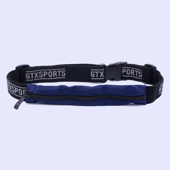 GTXSPORTS black adjustable waist belt with navy blue zippered pouch for running or sports