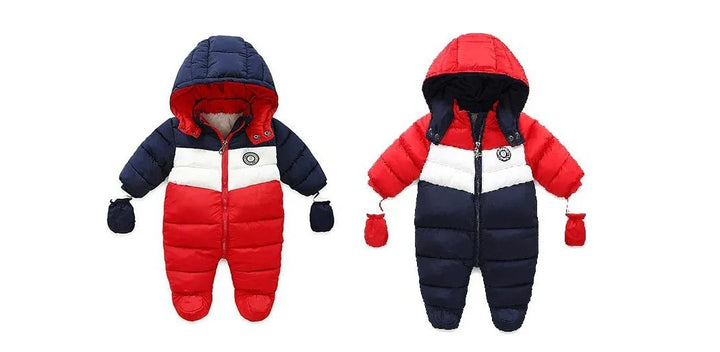 Two baby winter snowsuits with hoods, one navy red white and the other red white navy, both with attached mittens