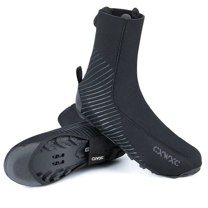 Black insulated CXWXC cycling shoe covers with reflective stripes and rugged sole for winter biking