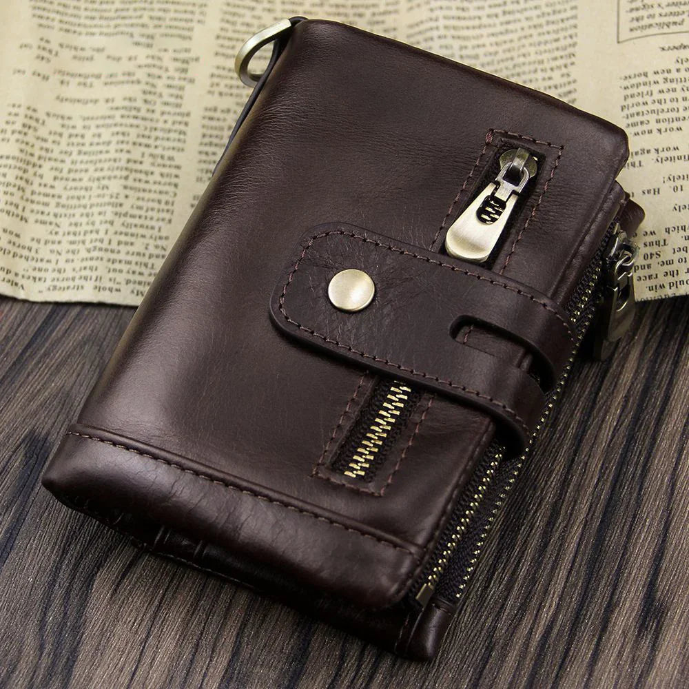 Dark brown leather wallet with zipper and snap button closure on wooden surface