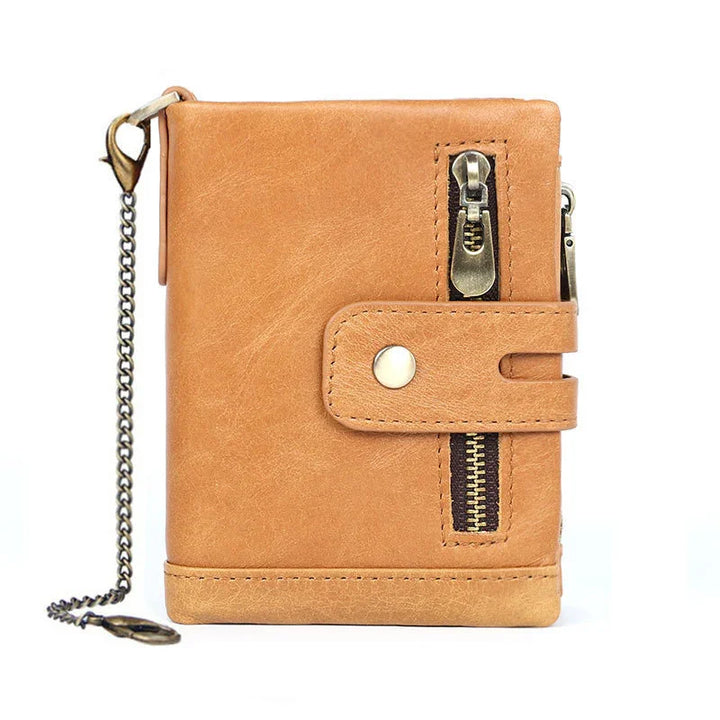 Tan leather wallet with metal zipper and snap button closure attached to a metal chain