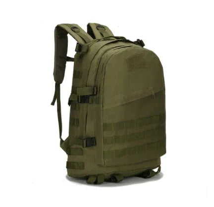 Olive green tactical backpack with multiple compartments and adjustable padded straps