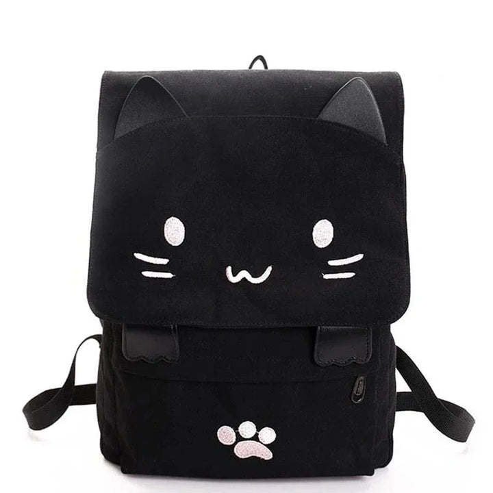 black backpack with cat ears, cute cat face, whiskers, and paw print design